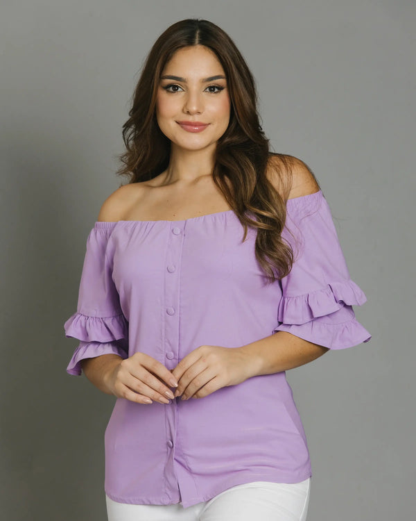 Blusa con Botones Forrados y Manga Abullonada Ref 483