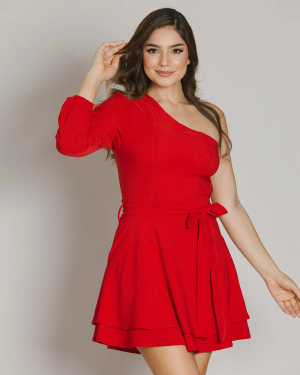 Vestido de Pliegues con Manga en Solo Hombro Ref 9311