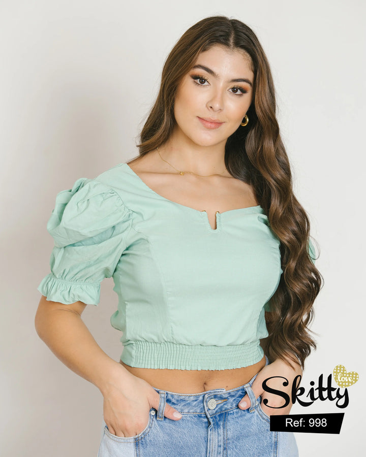 Blusa Corta con Manga Tipo Globo y Resorte en Espalda 