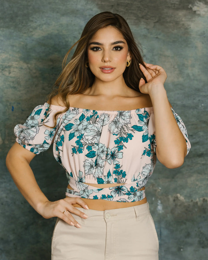 blusa corta de manga larga con hombros descubiertos para mujer con nudo y estampado floral